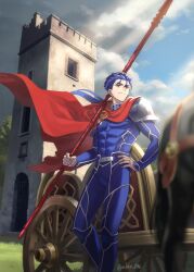 Rule 34 | 1boy, abs, armor, blue bodysuit, blue hair, bodysuit, cape, chariot, closed mouth, cu chulainn (fate), cu chulainn (fate/stay night), earrings, fate/stay night, fate (series), floating hair, gae bolg (fate), grin, hand on own hip, highres, holding, holding polearm, holding weapon, horse, jewelry, long hair, male focus, muscular, muscular male, nora (nora f96), outdoors, pauldrons, pectorals, polearm, ponytail, red cape, red eyes, shoulder armor, skin tight, smile, solo, spiked hair, standing, weapon