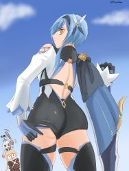 Rule 34 | 1boy, 2girls, aether (genshin impact), artist request, ass, bare shoulders, blonde hair, blue hair, braid, breasts, eula (genshin impact), from behind, from below, genshin impact, gloves, hair ornament, hairband, halo, highres, leotard, long hair, looking back, looking down, mini person, miniboy, minigirl, multiple girls, open mouth, paimon (genshin impact), shiny clothes, shiny skin, short hair, sword, thighhighs, weapon, yellow eyes