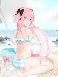 Rule 34 | 1boy, ;d, artist name, ass, astolfo (fate), astolfo (sparkling frills) (fate), back, bad id, bad pixiv id, bare back, bare legs, bare shoulders, barefoot, beach, beach towel, beach umbrella, bikini, black bow, blue bikini, blue nails, blue sky, blush, bow, butt crack, chuchugou, commentary, day, fang, fate/grand order, fate (series), feet, frilled bikini, frills, from behind, hair between eyes, hair bow, hair intakes, high heels, highres, horizon, innertube, long hair, looking at viewer, looking back, male focus, nail polish, ocean, off-shoulder bikini, off shoulder, official alternate costume, one eye closed, open mouth, outdoors, pink bow, pink hair, pointing, pointing at self, purple eyes, rock, shoes, skin fang, skindentation, sky, smile, soles, striped bikini, striped bikini bottom, striped clothes, swim ring, swimsuit, thigh strap, towel, trap, umbrella, unworn shoes, very long hair, water, white footwear