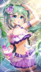 Rule 34 | 1girl, :o, absurdres, ahoge, alternate eye color, aqua hair, bikini, blue eyes, breasts, cleavage, cowboy shot, floating hair, flower, food, frilled bikini, frills, hair between eyes, halterneck, halterneck, hand up, hando 2020, hatsune miku, highres, ice cream, long hair, looking at viewer, medium breasts, navel, open mouth, outstretched arm, shell hair ornament, sideboob, skirt, swimsuit, twintails, very long hair, vocaloid, water