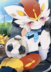 Rule 34 | 1boy, 1other, :3, :d, ball, blush, choice scarf, cinderace, clenched teeth, closed eyes, creatures (company), dagashi (daga2626), day, dirty, eevee, furry, game freak, gen 1 pokemon, gen 8 pokemon, hand up, happy, highres, holding, holding ball, nintendo, non-web source, open mouth, outdoors, pikachu, pokemon, pokemon (creature), sitting, sitting on lap, sitting on person, sky, smile, soccer ball, teeth, white fur, wiping face