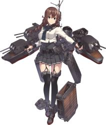 Rule 34 | 1girl, black shirt, black thighhighs, blue eyes, braid, brown hair, buttons, closed mouth, collared shirt, full body, garter straps, highres, kantai collection, konishi (koconatu), long hair, long sleeves, looking at viewer, machinery, noshiro (kancolle), official art, rigging, shirt, skirt, smile, solo, striped clothes, striped skirt, thighhighs, transparent background, turret, twin braids