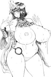 Rule 34 | 1girl, absurdres, black hair, blush, bonten, breasts, curvy, female focus, highres, huge breasts, lactation, looking at viewer, menace (queen&#039;s blade), monochrome, navel, nipples, parted lips, plump, puffy nipples, queen&#039;s blade, short hair, solo, standing, sweat, thick thighs, thighs