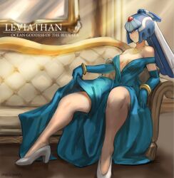 Rule 34 | 1girl, android, blue eyes, bracelet, breasts, character name, clothes lift, couch, drawfag, dress, dress lift, elbow gloves, gloves, high heels, jewelry, fairy leviathan (mega man), long hair, medium breasts, mega man (series), mega man zero (series), necklace, sitting, smile, solo, thighs