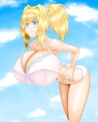 Rule 34 | 1girl, artist request, blonde hair, blue eyes, bra, breasts, gigantic breasts, glasses, lace, lace-trimmed bra, lace trim, lingerie, long hair, original, panties, ponytail, smile, solo, thighs, underwear, white panties