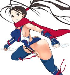 Rule 34 | 1girl, alternate costume, antenna hair, ass, bare shoulders, blue one-piece swimsuit, blue thighhighs, breasts, capcom, competition swimsuit, curvy, female focus, fingerless gloves, from side, gloves, highres, hip focus, huge ass, ibuki (street fighter), kunai, large breasts, legs, long hair, ninja, nishiide kengorou, one-piece swimsuit, ponytail, scarf, shin guards, simple background, smile, solo, street fighter, street fighter v, swimsuit, teeth, thick thighs, thigh strap, thighhighs, thighs, toned, very long hair, weapon, white background