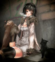 Rule 34 | 1girl, black hair, blue eyes, breasts, breath, capcom, cat, cleavage, devil may cry (series), devil may cry 3, didi-amen, didi amen, dress, female focus, fingerless gloves, gloves, heterochromia, highres, jacket, jewelry, lady (devil may cry), looking down, necklace, red eyes, scar, short hair, solo, thighhighs
