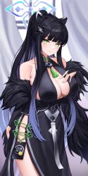 Rule 34 | 1girl, absurdres, animal ears, bare shoulders, black dress, black hair, blue archive, blunt bangs, breasts, bridal gauntlets, cleavage, closed mouth, dress, feather boa, green eyes, halo, high ponytail, highres, large breasts, long hair, looking at viewer, nyanbutter, shun (blue archive), side slit, smile, solo, tassel, thighs, very long hair