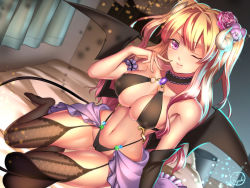 Rule 34 | 1girl, ;), black panties, black thighhighs, blonde hair, breasts, cameltoe, choker, closed mouth, covered erect nipples, demon girl, demon horns, demon tail, dutch angle, finger to mouth, flower, garter straps, gradient hair, hair flower, hair ornament, highleg, highleg panties, highres, horns, indoors, large breasts, legs, long hair, looking at viewer, multicolored hair, naughty face, navel, non-web source, on bed, one eye closed, original, panties, pink hair, purple eyes, ryuki@maguro-ex, skindentation, smile, solo, tail, thighhighs, thighs, two side up, underwear