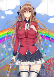 Rule 34 | 10s, 1girl, aiguillette, amagi brilliant park, antenna hair, bad id, bad pixiv id, breasts, brown eyes, brown hair, cowboy shot, frown, gun, hand on own chest, large breasts, long hair, looking at viewer, rifle, sento isuzu, skirt, solo, thighhighs, weapon, white thighhighs, zettai ryouiki, zucchini
