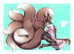 Rule 34 | 1girl, angry, animal ears, ass, blush, boots, breasts, brown hair, color background, fluffy, fox ears, fox tail, green eyes, highres, jacket, kneeling, large breasts, looking back, open mouth, panties, panties under pantyhose, pantyhose, plushmallow, shirt, skirt, tail, twintails, underwear, wenbeez