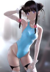 Rule 34 | 1girl, arm up, armpits, bare shoulders, black hair, blue one-piece swimsuit, blush, breasts, commentary request, competition swimsuit, cowboy shot, double bun, elbow gloves, garter straps, gloves, hair bobbles, hair bun, hair ornament, highleg, highleg swimsuit, highres, long hair, looking at viewer, medium breasts, one-piece swimsuit, original, purple eyes, sidelocks, simple background, skindentation, smile, solo, swimsuit, thigh strap, thighhighs, thighs, wa (genryusui)