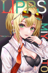 Rule 34 | 1girl, absurdres, bad id, bad pixiv id, black bra, blonde hair, blush, bra, breasts, brown-tinted eyewear, character name, cleavage, collared shirt, crescent, crescent earrings, cup6542, dress shirt, earrings, eyewear on head, finger to mouth, fingernails, frilled bra, frills, green eyes, highres, idolmaster, idolmaster cinderella girls, jewelry, long sleeves, medium breasts, miyamoto frederica, necktie, open clothes, open shirt, parted lips, red necktie, shirt, short hair, smile, solo, sunglasses, sunglasses on head, tinted eyewear, unbuttoned, unbuttoned shirt, underwear, upper body, white-framed eyewear, white shirt, wing collar