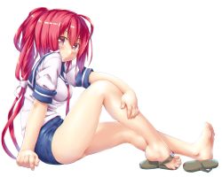 Rule 34 | 1girl, ahoge, barefoot, dd (ijigendd), feet, hair ribbon, i-168 (kancolle), kantai collection, long hair, looking at viewer, name tag, one-piece swimsuit, ponytail, red hair, ribbon, sandals, school swimsuit, school uniform, serafuku, shoes, single shoe, smile, solo, swimsuit, swimsuit under clothes, toes