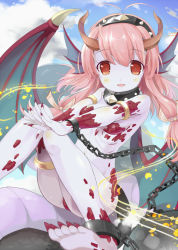 Rule 34 | 1girl, bad id, bad pixiv id, blue skin, blush, chain, colored skin, cuffs, dragon girl, dragon horns, dragon tail, dragon wings, hairband, hakiata, head wings, horns, long hair, looking at viewer, monster girl, nail polish, nude, original, pale skin, pink hair, red eyes, shackles, solo, tail, twintails, white skin, wings