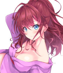 Rule 34 | 10s, 1girl, blue eyes, blush, breasts, brown hair, cleavage, commentary request, ichinose shiki, idolmaster, idolmaster cinderella girls, kurai masaru, long hair, looking at viewer, ponytail, simple background, smile, solo, white background