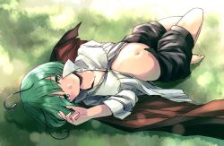 Rule 34 | 1girl, antennae, barefoot, black cape, black shorts, cape, closed mouth, collared shirt, green eyes, green hair, long sleeves, lying, midriff, navel, on back, open fly, partially unbuttoned, rangycrow, red cape, shirt, short hair, shorts, solo, stomach, tomboy, touhou, two-sided cape, two-sided fabric, white shirt, wriggle nightbug