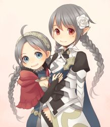 Rule 34 | 2girls, ahoge, blue eyes, braid, breasts, capelet, choker, closed mouth, collared shirt, corrin (female) (fire emblem), corrin (fire emblem), fire emblem, fire emblem fates, flower, hair flower, hair ornament, hood, hooded capelet, long hair, looking at viewer, lowres, mother and daughter, multiple girls, nina (fire emblem), nintendo, pointy ears, red eyes, shirt, silver hair, tefutene, twin braids