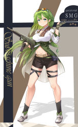 Rule 34 | 1girl, belt, belt pouch, black shorts, black socks, blue eyes, breasts, choker, crop top, full body, gloves, goggles, goggles on head, green hair, gun, hand up, highres, holding, large breasts, legs apart, long hair, long sleeves, looking at viewer, midriff, mosta (lo1777789), navel, original, partially fingerless gloves, pouch, ribbon choker, shirt, shoes, short shorts, shorts, smile, socks, solo, standing, stomach, submachine gun, thigh strap, thighs, very long hair, weapon, weapon request, white footwear, white shirt