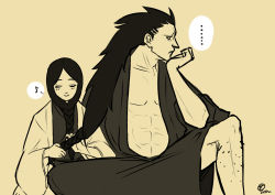 Rule 34 | ..., 1boy, 1girl, abs, black hair, bleach, blush, braid, citrusgun, closed mouth, collarbone, closed eyes, front braid, hairdressing, haori, head rest, height difference, highres, japanese clothes, kimono, knee up, long hair, looking away, monochrome, muscular, profile, sepia, simple background, sitting, size difference, smile, spiked hair, traditional clothes, unohana retsu, yukata, zaraki kenpachi