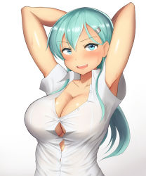 Rule 34 | 10s, 1girl, aqua eyes, aqua hair, armpits, arms behind head, arms up, blouse, blush, breasts, bursting breasts, cleavage, gradient background, hair between eyes, hair ornament, hairclip, kantai collection, large breasts, long hair, looking at viewer, maku ro, matching hair/eyes, no bra, open mouth, shirt, simple background, solo, standing, suzuya (kancolle), undersized clothes, upper body, white shirt