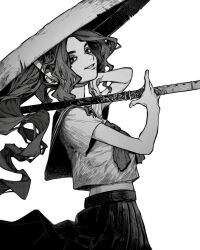Rule 34 | 1girl, absurdres, bare arms, carrying over shoulder, chin strap, commentary, cowboy shot, cropped shirt, fingernails, floating hair, from side, greyscale, grin, hands up, highres, holding, holding sword, holding weapon, long hair, long skirt, looking at viewer, looking to the side, making-of available, midriff, monochrome, original, parted hair, pleated skirt, sandogasa, school uniform, serafuku, short sleeves, simple background, skirt, smile, solo, sword, sword writing, weapon, zero808w
