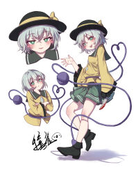 Rule 34 | 1girl, absurdres, artist name, black footwear, black headwear, blood, bloody knife, blush, buttons, closed mouth, dated, diamond button, frilled sleeves, frills, full body, green eyes, green hair, green skirt, hair between eyes, hat, hat ribbon, heart, heart of string, highres, holding, holding knife, knife, komeiji koishi, long sleeves, multiple views, open mouth, pleated skirt, rangque (user vjjs4748), ribbon, shirt, shoes, short hair, signature, simple background, skirt, smile, third eye, touhou, white background, wide sleeves, yellow ribbon, yellow shirt