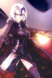 Rule 34 | 1girl, ahoge, armor, armored dress, banner, black dress, black gloves, black thighhighs, boa sorte, dress, fate/grand order, fate (series), faulds, gloves, highres, holding, jeanne d&#039;arc (fate), jeanne d&#039;arc alter (avenger) (fate), jeanne d&#039;arc alter (fate), looking at viewer, parted lips, reaching, reaching towards viewer, shiny skin, short hair, silver hair, solo, standing, thighhighs, v-shaped eyebrows, yellow eyes