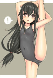 Rule 34 | !, 10s, 1girl, black hair, brown eyes, competition swimsuit, hatsushimo (kancolle), kantai collection, kurogane daichi, leg lift, leg up, long hair, one-piece swimsuit, open mouth, solo, split, standing, standing on one leg, stretching, swimsuit