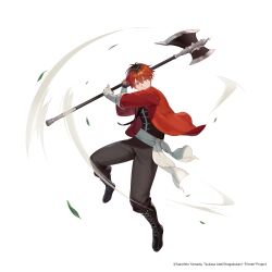 1boy absurdres axe bandaged_arm bandages battle_axe black_footwear black_hair black_shirt boots coat copyright_notice double-sided_axe dynamic_pose fighting_stance floating full_body game_cg grey_pants guardian_tales highres holding leaf long_sleeves multicolored_hair official_art pants red_coat red_eyes red_hair roots_(hair) sanpaku shirt short_hair solo sousou_no_frieren stark_(sousou_no_frieren) tachi-e transparent_background weapon