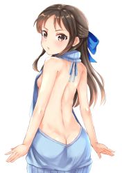 Rule 34 | 10s, 1girl, :o, arms at sides, ass, back, backless outfit, bare arms, bare back, bare shoulders, blue bow, blue ribbon, blue sweater, bow, breasts, brown eyes, brown hair, butt crack, cowboy shot, hair bow, half updo, halterneck, idolmaster, idolmaster cinderella girls, long hair, looking at viewer, looking back, meme attire, naked sweater, open mouth, ribbon, sg (esujii), sideboob, sidelocks, simple background, sleeveless, sleeveless turtleneck, small breasts, solo, standing, sweater, tachibana arisu, tareme, turtleneck, turtleneck sweater, virgin killer sweater, white background