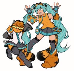 Rule 34 | 1boy, 1girl, absurdres, adapted costume, animal ears, aqua eyes, aqua hair, aqua necktie, arms up, artist name, black footwear, boots, cat ears, cat tail, collared shirt, detached sleeves, fingerless gloves, garfield, garfield (character), gloves, hatsune miku, high heel boots, high heels, highres, long hair, necktie, orange shirt, parted lips, pleated skirt, shirt, simple background, skirt, sleeveless, sleeveless shirt, smile, tail, thigh boots, twintails, very long hair, vocaloid, vulcan moon, white background