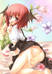 Rule 34 | 1girl, all fours, alternate hair length, alternate hairstyle, arm support, ass, bare legs, barefoot, bat wings, blush, bob cut, come hither, embodiment of scarlet devil, feet, female focus, finger to mouth, floral background, flower, head wings, koakuma, looking at viewer, looking back, no panties, no wings, petals, red eyes, red hair, short hair, soles, solo, strap slip, tilm, toes, touhou, wings