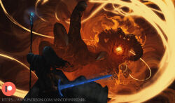 Rule 34 | 2boys, anato finnstark, artist name, balrog (lord of the rings), battle, beard, demon, embers, facial hair, fantasy, fingernails, fire, flaming weapon, gandalf, glowing, glowing sword, glowing weapon, grey hair, holding, holding staff, holding sword, holding weapon, holding whip, horns, long beard, long hair, mage staff, medieval, multiple boys, old, old man, patreon logo, patreon username, reaching, reaching towards viewer, robe, sharp fingernails, staff, standing, sword, the lord of the rings, tolkien&#039;s legendarium, tolkien's legendarium, watermark, weapon, web address, whip, wizard, yellow eyes