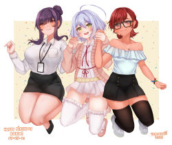 Rule 34 | 3girls, :d, ahoge, bare shoulders, black-framed eyewear, black footwear, black legwear, black skirt, blush, bracelet, breast pocket, breasts, bursting breasts, buttons, closed mouth, confetti, dated, double-breasted, dress, earrings, gift art, glasses, green eyes, grey footwear, hair bun, hands up, happy birthday, highres, holding hands, jacket, jewelry, jumping, lanyard, large breasts, long sleeves, looking at viewer, medium hair, miniskirt, multiple girls, necklace, off-shoulder shirt, off shoulder, office lady, open clothes, open jacket, open mouth, original, parted lips, pencil skirt, pink footwear, pocket, purple hair, red eyes, red hair, red ribbon, ribbon, shirt, shoes, signature, single hair bun, skirt, smile, stud earrings, sweater jacket, temachii, thighhighs, white dress, white legwear, white shirt, zettai ryouiki