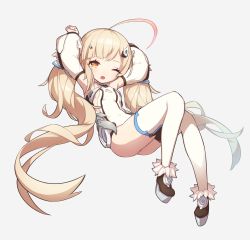 Rule 34 | 1girl, ahoge, arms up, azur lane, bad id, bad twitter id, black footwear, blonde hair, blush, boots, breasts, brown eyes, clenched hand, commentary request, covered navel, detached sleeves, eldridge (azur lane), facial mark, full body, fur-trimmed boots, fur trim, grey background, hair ornament, highres, huge ahoge, kaki gohri, leotard, long hair, long sleeves, looking at viewer, one eye closed, parted lips, sidelocks, simple background, small breasts, solo, thighhighs, twintails, very long hair, white leotard, white sleeves, white thighhighs, wide sleeves