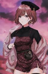 Rule 34 | 1girl, animal print, artist request, beret, black hat, black shirt, brown hair, cellphone, chanel, commentary request, dior, dress, earphones, earrings, gem, hair ornament, hairclip, hat, heart, heart earrings, highres, higuchi madoka, idolmaster, idolmaster shiny colors, iphone, jacket, jewelry, leopard print, long sleeves, mole, mole under eye, open clothes, open jacket, pearl (gemstone), phone, print dress, purple eyes, ring, shirt, short dress, short hair, smartphone, solo, thighhighs, thighs, zettai ryouiki
