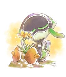 Rule 34 | backpack, bag, border, closed eyes, commentary request, dirt, flower, full body, green eyes, highres, leaf, no humans, original, planting, robot, shadow, shovel, signature, white border, yamato koara, yellow background, yellow flower