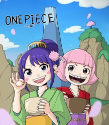 Rule 34 | 2girls, absurdres, cloud, hair ornament, highres, japanese clothes, kimono, looking at viewer, multiple girls, oddman1234, one piece, open mouth, pink hair, purple hair, short hair, smile, kurozumi tama, toko (one piece)