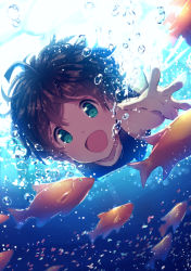 Rule 34 | 10s, 1girl, :d, ahoge, air bubble, breath, brown hair, bubble, diving, fish, freediving, green eyes, holding breath, idolmaster, idolmaster million live!, ima (lm ew), kinoshita hinata, looking at viewer, open mouth, short hair, smile, solo, swimming, swimsuit, underwater