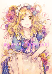 Rule 34 | 1girl, ;), apron, blonde hair, blue bow, blue flower, blue rose, blue shirt, blue skirt, bow, braid, crown braid, dated, flower, frilled apron, frilled sleeves, frills, hair bow, hair flower, hair ornament, hair rings, hand on own hip, happy birthday, highres, looking at viewer, love live!, love live! school idol festival, love live! sunshine!!, maid headdress, medium hair, neck ribbon, ohara mari, one eye closed, painting (medium), petals, pink flower, pink rose, plaid, plaid skirt, purple ribbon, ribbon, rose, shirt, short sleeves, skirt, smile, solo, striped, striped bow, sudach koppe, traditional media, waist apron, watercolor (medium), wavy hair, white apron, yellow eyes, yellow flower, yellow rose