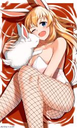 Rule 34 | 1girl, absurdres, animal ears, blue eyes, breasts, charlotte e. yeager, cleavage, feet out of frame, fetal position, fishnet pantyhose, fishnets, highres, hiroshi (hunter-of-kct), large breasts, leotard, one eye closed, orange hair, pantyhose, playboy bunny, rabbit, rabbit ears, solo, strike witches, white leotard, world witches series