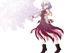 Rule 34 | 1girl, benizuwai, boots, covering own mouth, dress, feathered wings, jacket, kishin sagume, outstretched arm, short hair, silver hair, single wing, solo, touhou, wings