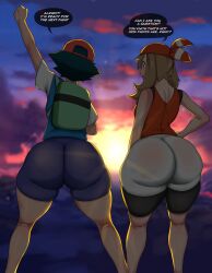 Rule 34 | 1boy, 1girl, absurdres, ash ketchum, ass, astroodragon, backpack, bag, black hair, blue eyes, brown hair, creatures (company), english text, game freak, hat, highres, huge ass, legs, may (pokemon), nintendo, pokemon, pokemon (anime), pokemon (classic anime), pokemon oras, pokemon rse (anime), sidelocks, standing, thick thighs, thighs, wide hips