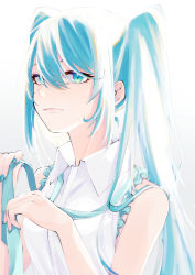 Rule 34 | 1girl, bare arms, blue eyes, blue hair, blue nails, blue necktie, closed mouth, collared shirt, dress shirt, frilled shirt, frills, hair between eyes, hatsune miku, highres, long hair, nail polish, necktie, ni (7no8210mare), shirt, sleeveless, sleeveless shirt, solo, twintails, tying necktie, upper body, very long hair, vocaloid, white background, white shirt, wing collar