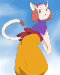 Rule 34 | 1girl, animal ears, back bow, blue eyes, blue sky, bow, brave story, cat ears, cat tail, cloud, dress, furry, furry female, haruyama kazunori, hat, looking at viewer, meena (brave story), open mouth, short hair, sky, solo, tail, whiskers