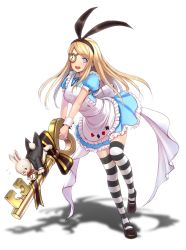 Rule 34 | 1girl, :d, alice (alice in wonderland), alice in wonderland, apron, bad id, bad pixiv id, black footwear, black jacket, black ribbon, blonde hair, blue dress, blue eyes, blush, bow, breasts, clubs, diamond (shape), dress, eyebrows, flying sweatdrops, frilled apron, frills, full body, glasses, hairband, heart, highres, holding, interlocked fingers, jacket, key, long hair, looking at viewer, medium breasts, one eye covered, open mouth, original, oversized object, pince-nez, pocket watch, puffy short sleeves, puffy sleeves, rabbit, re:shimashima, red bow, red eyes, ribbon, shadow, shoes, short sleeves, smile, spade, standing, standing on one leg, striped bow, striped clothes, striped thighhighs, swept bangs, tailcoat, thighhighs, v arms, watch, white apron, white background, white bow, white rabbit (alice in wonderland), wrist cuffs