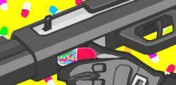Rule 34 | 1other, ambiguous gender, black shirt, chinese commentary, close-up, commentary request, gloves, grey gloves, gun, highres, holding pill, long sleeves, lurenjia, original, out of frame, pill background, reloading, shirt, shotgun, unconventional weapon, weapon, yellow background