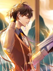 Rule 34 | 1boy, book, chenzcy, from side, genshin impact, hand on own hair, highres, holding, holding book, male focus, portrait, solo, vest, zhongli (genshin impact)