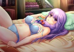 Rule 34 | 1girl, adworse, blue bra, blue panties, blush, book, bookshelf, bow, bra, breasts, crescent, hair bow, long hair, looking at viewer, lying, navel, on back, panties, patchouli knowledge, pillow, purple eyes, purple hair, solo, stomach, strap slip, touhou, underwear, underwear only
